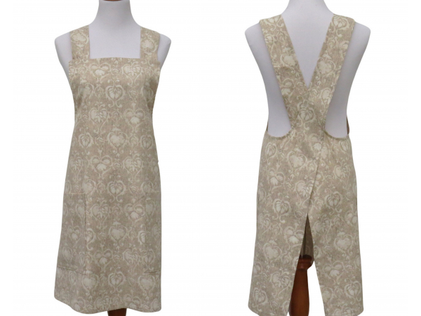 Women's Beige & Cream Damask Japanese Style Apron front & back views