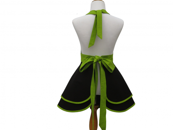 Women's Retro Style Apron Black, White and Green back view tied in back