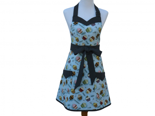 Women's Blue Cupcake Apron front view tied in front Women's Blue Cupcake Apron front view tied in front
