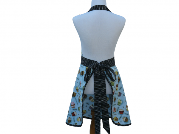 Women's Blue Cupcake Apron back view tied in back Women's Blue Cupcake Apron back view tied in back