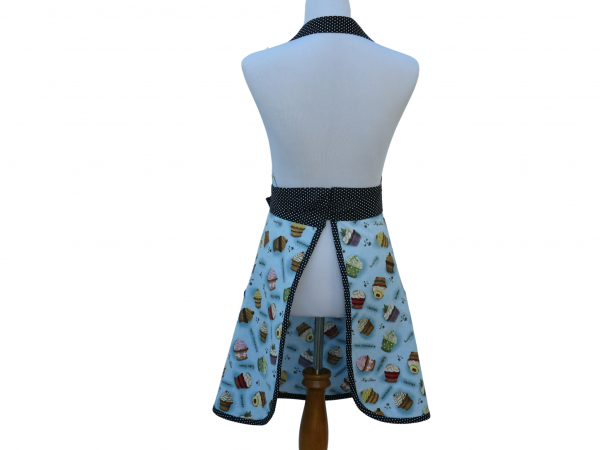 Women's Blue Cupcake Apron back view tied in front Women's Blue Cupcake Apron back view tied in front