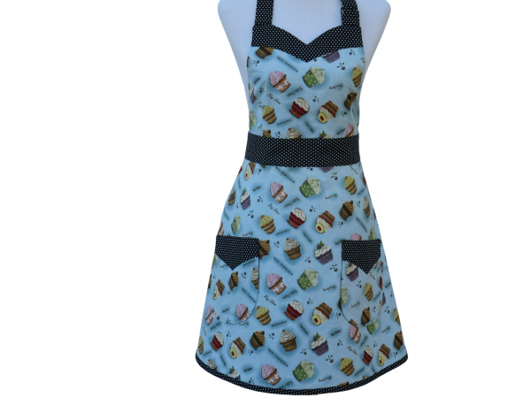 Women's Blue Cupcake Apron Front view tied in back Women's Blue Cupcake Apron Front view tied in back