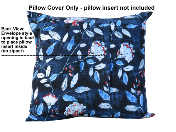 Blue Poppies Throw Pillow Cover with Envelope Closure back view