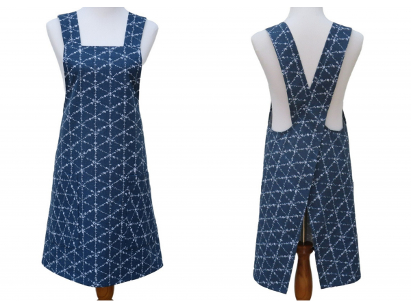 Women's Navy Blue & White Floral & Diamonds Pattern Japanese Apron front & back