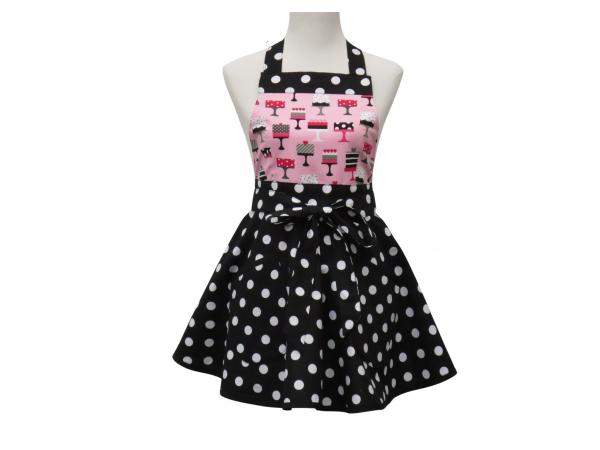 Women's Cake Themed Polka Dot Retro Style Apron front view tied in front