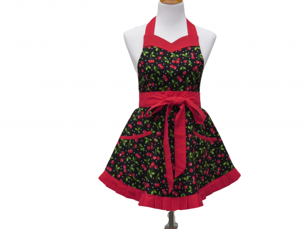 Women's Black & Red Cherries Retro Style Apron with Pleated Hem