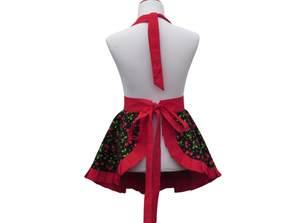Women's Black & Red Cherries Retro Style Apron with Pleated Hem back view