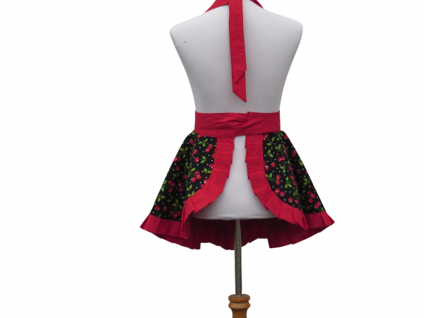 Women's Black & Red Cherries Retro Style Apron with Pleated Hem back view