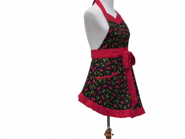 Women's Black & Red Cherries Retro Style Apron with Pleated Hem side view