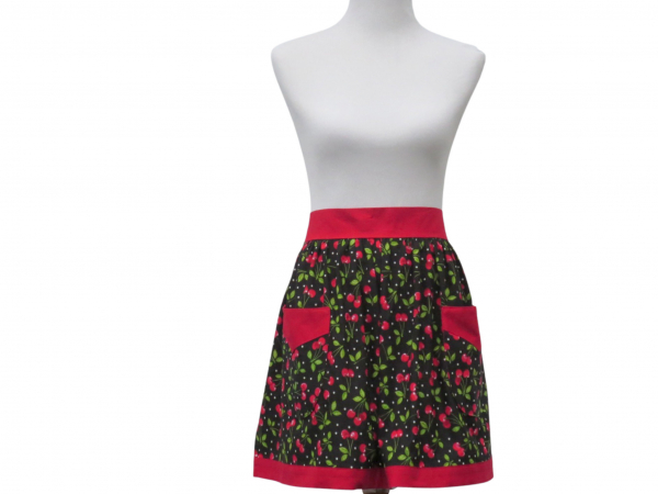 Cherries Gathered Waist Half Apron front view tied in back