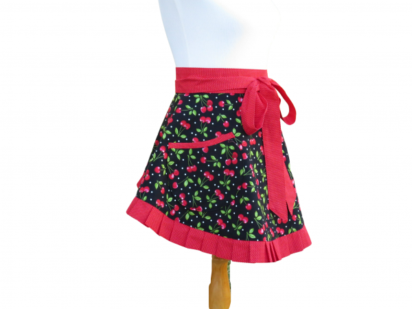 Women's Cherries Half Apron with Pleated Hem side pocket view