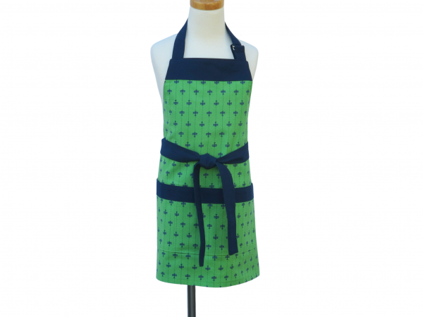 Kid's Green & Blue Airplane Apron front view tied in front
