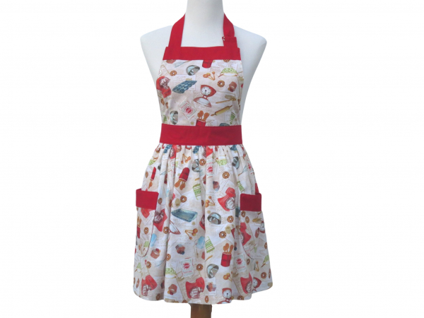 Cooking Themed Gathered Waist Apron front view tied in back