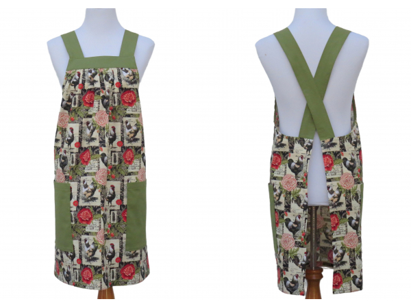 Floral Rooster Cross Back Apron fabric front & back view