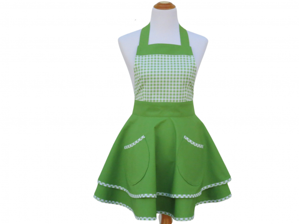 Women's Green Retro Style Apron with Gingham front view tied in back