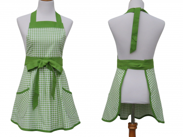 Green & White Gingham Apron front & back views