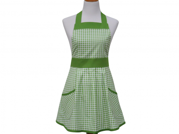 Green & White Gingham Apron front view tied in back