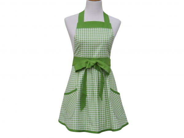Green & White Gingham Apron front view tied in front