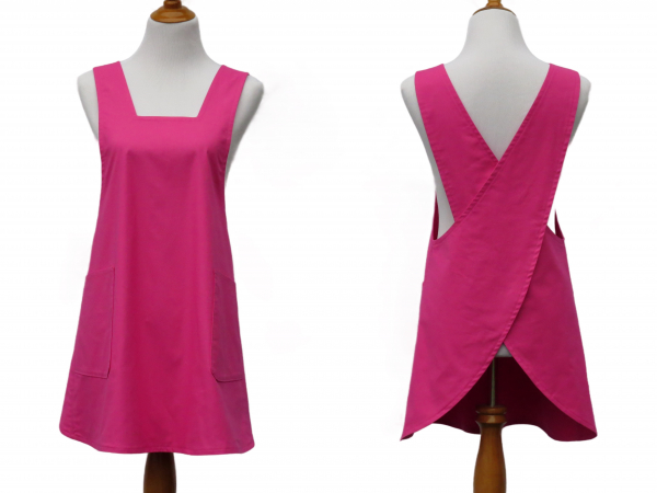 Women's Solid Hot Pink Japanese Cross Back Apron front & back views