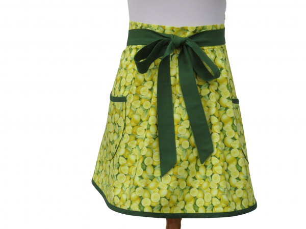 Green & Yellow Lemons Half Apron front view tied in front