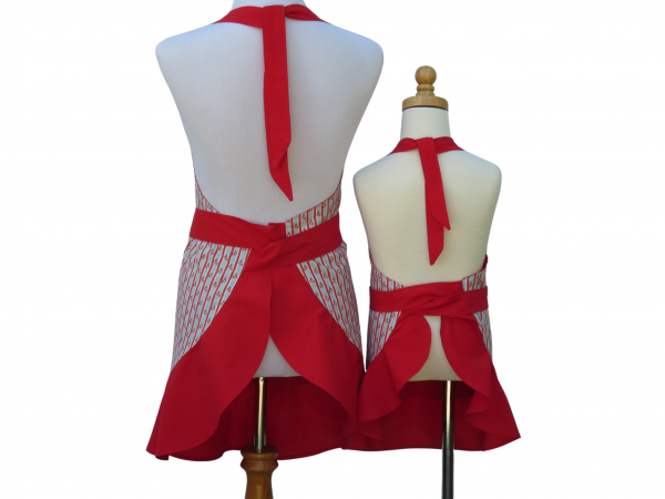 Mother & Daughter Matching Striped Floral Apron Set back view tied in front