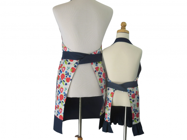 Mother Daughter Strawberries & Blueberries Apron Set back view tied in front