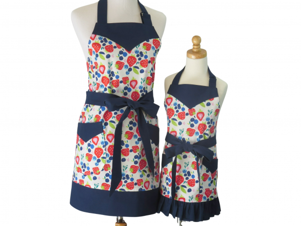 Mother Daughter Strawberries & Blueberries Apron Set front view tied in front