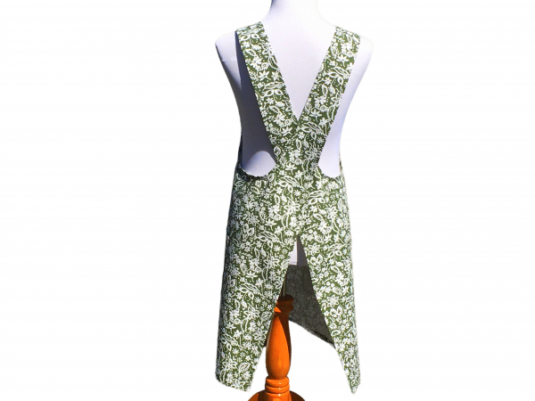 Women's Green & White Floral Cross Back Apron back view