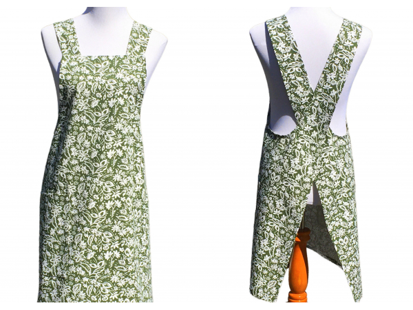 Women's Green & White Floral Cross Back Apron front & back views