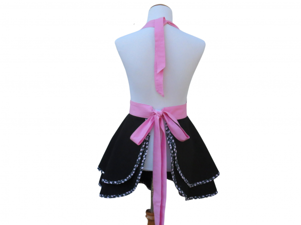 Women's Black & Pink Floral Retro Style Apron back view tied in back