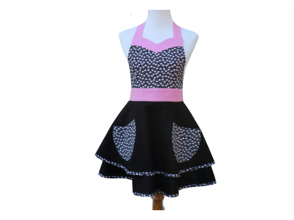 Women's Black & Pink Floral Retro Style Apron front view tied in back