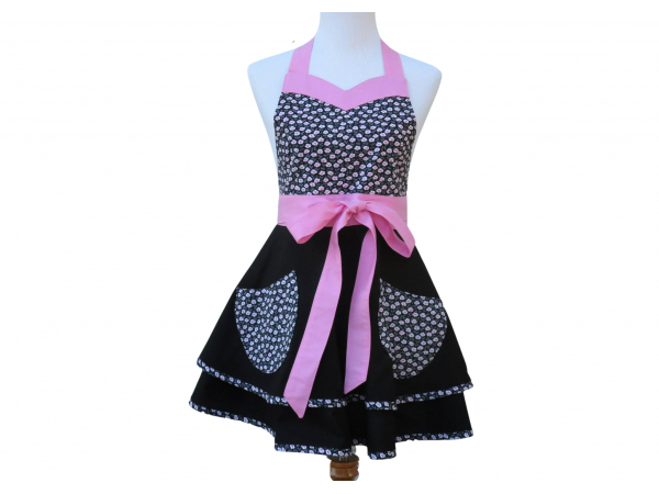 Women's Black & Pink Floral Retro Style Apron front view tied in front