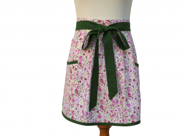 Pink & Green Floral Half Apron front view tied in front