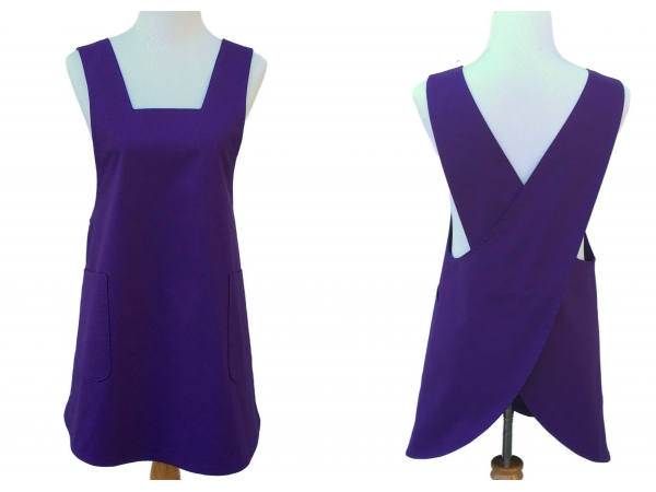 Solid Purple Cross Back Japanese Apron front & back views