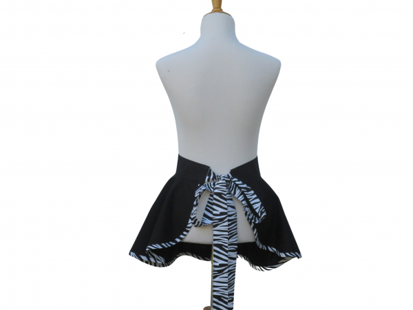 Black & White Half Apron with Zebra Stripe Trim back view tied in back