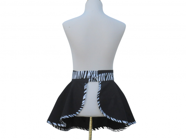 Black & White Half Apron with Zebra Stripe Trim back view tied in front