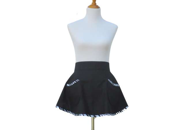 Black & White Half Apron with Zebra Stripe Trim front view tied in back