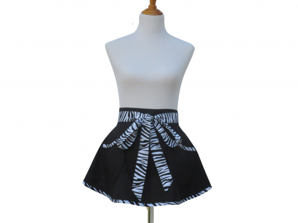 Black & White Half Apron with Zebra Stripe Trim front view
