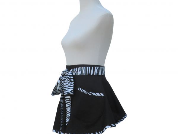 Black & White Half Apron with Zebra Stripe Trim side view