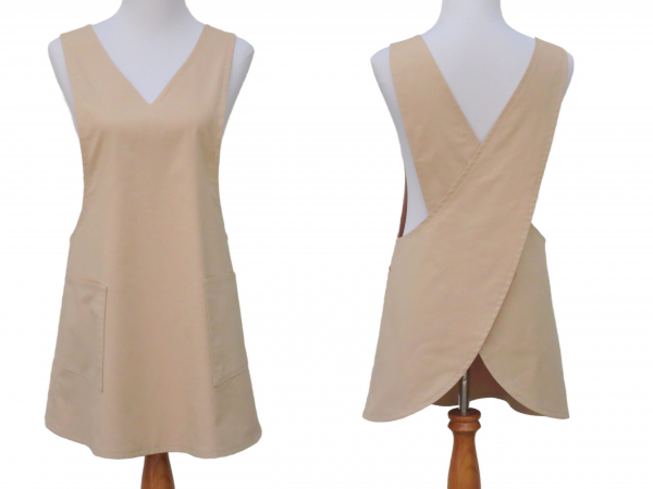 Solid V Neck Japanese Apron front & back views