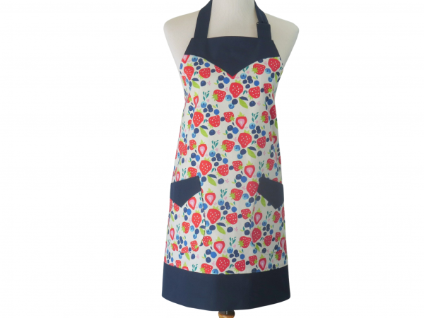 Women's Strawberries and Blueberries Apron front view tied in back Women's Strawberries and Blueberries Apron front view tied in back