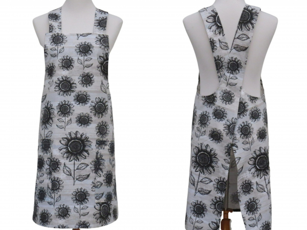Women's Gray & Black Sunflower Japanese Style Apron front & back views