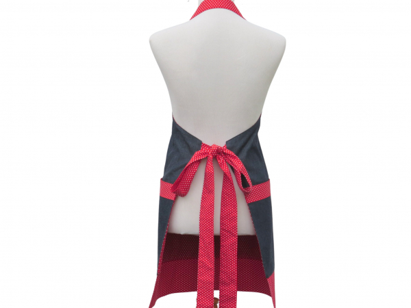 Women's Denim & Polka Dots Apron with Large Pockets back view tied in back