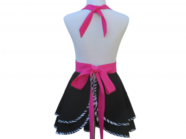 Black, White, Hot Pink & Zebra Stripe Retro Apron back view tied in back