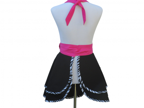 Black, White, Hot Pink & Zebra Stripe Retro Apron back view tied in front