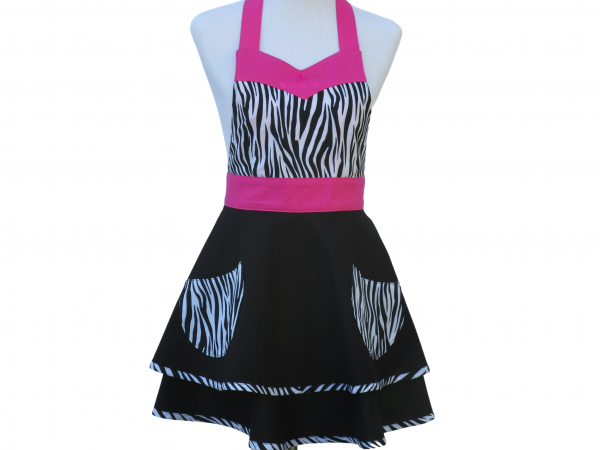 Black, White, Hot Pink & Zebra Stripe Retro Apron Front View tied in back