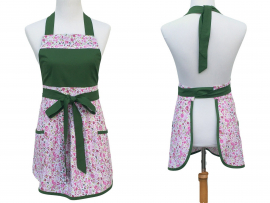 Pink & Green Floral Pleated Front Apron front & back views