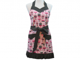 Women's Pink & Black Ruffled Cake Themed Apron front view tied in front