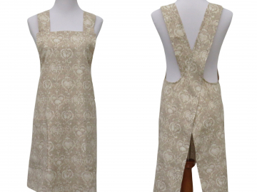 Women's Beige & Cream Damask Japanese Style Apron with Large Pockets