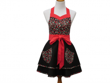 Women's Black, Red & White Retro Style Apron in a Swirls Cotton Print, Full Circle Skirt & Optional Personalization